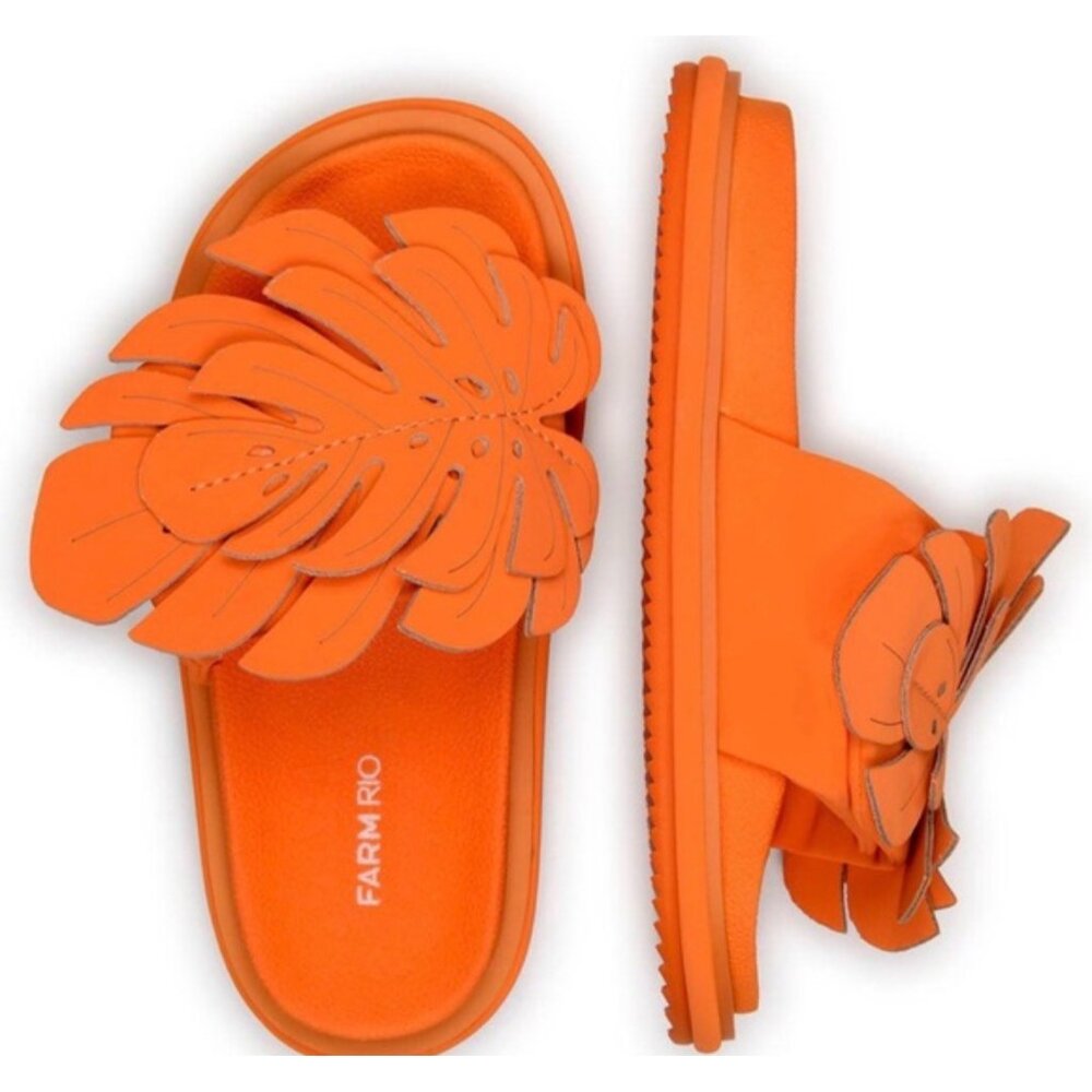 Farm Rio Monstera Anatomic Slide Sandals Orange Size 7 New In Box